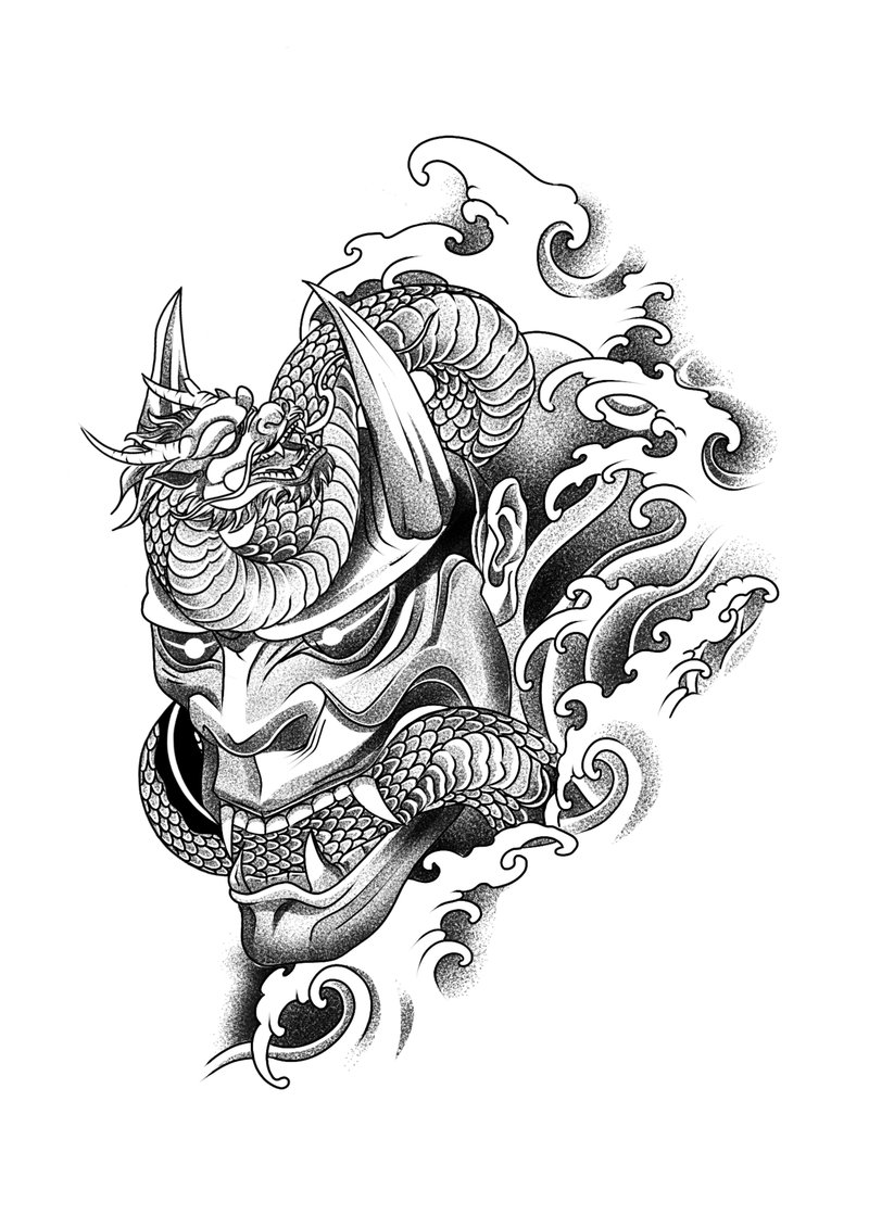Flash Oni, masque démon japonais avec dragon et vagues